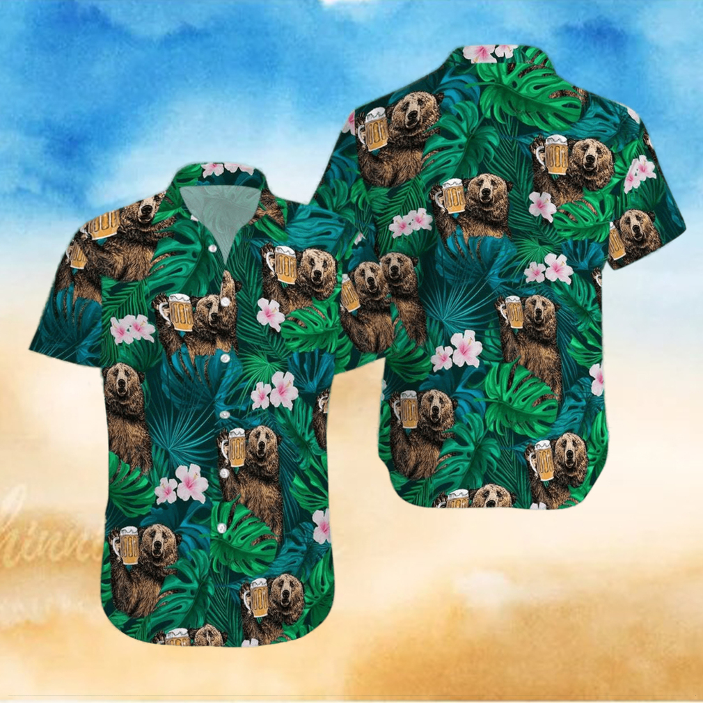 Bear Drinking Beer Green Tropical Unisex Hawaiian Shirts - Limotees