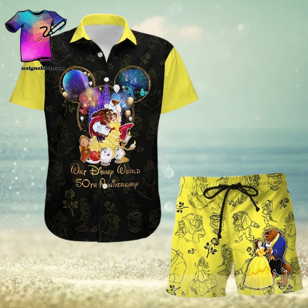 Beauty And The Beast 50th Anniversary Glitter Disney Castle All Over Print Combo Hawaiian Shirt - Limotees