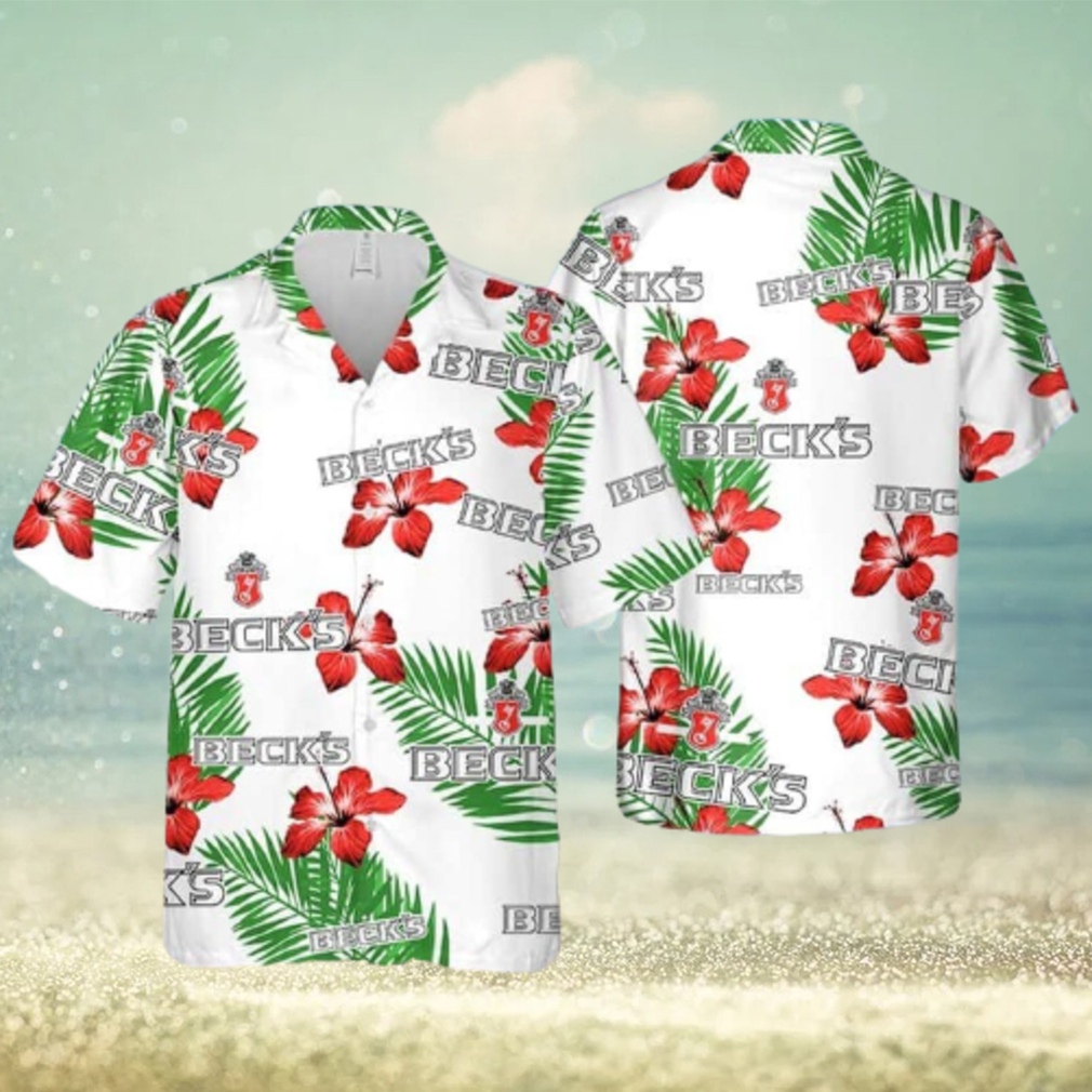 Beck’s Beer Hibiscus Flower And Tropical Palm Leaves Limited Hawaiian Shirt - Limotees