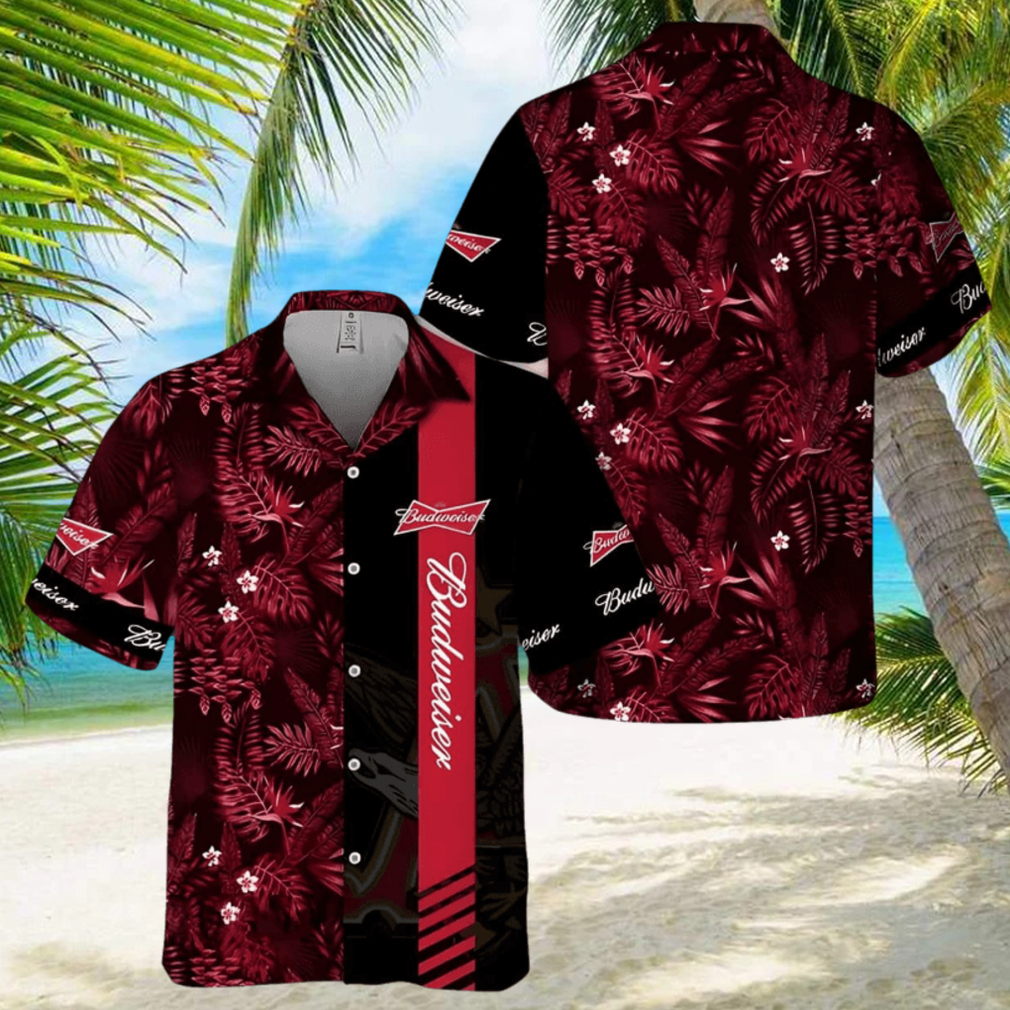 Beer Budweiser Hawaiian Shirt Red Tropical Foliage On Dark Theme - Limotees