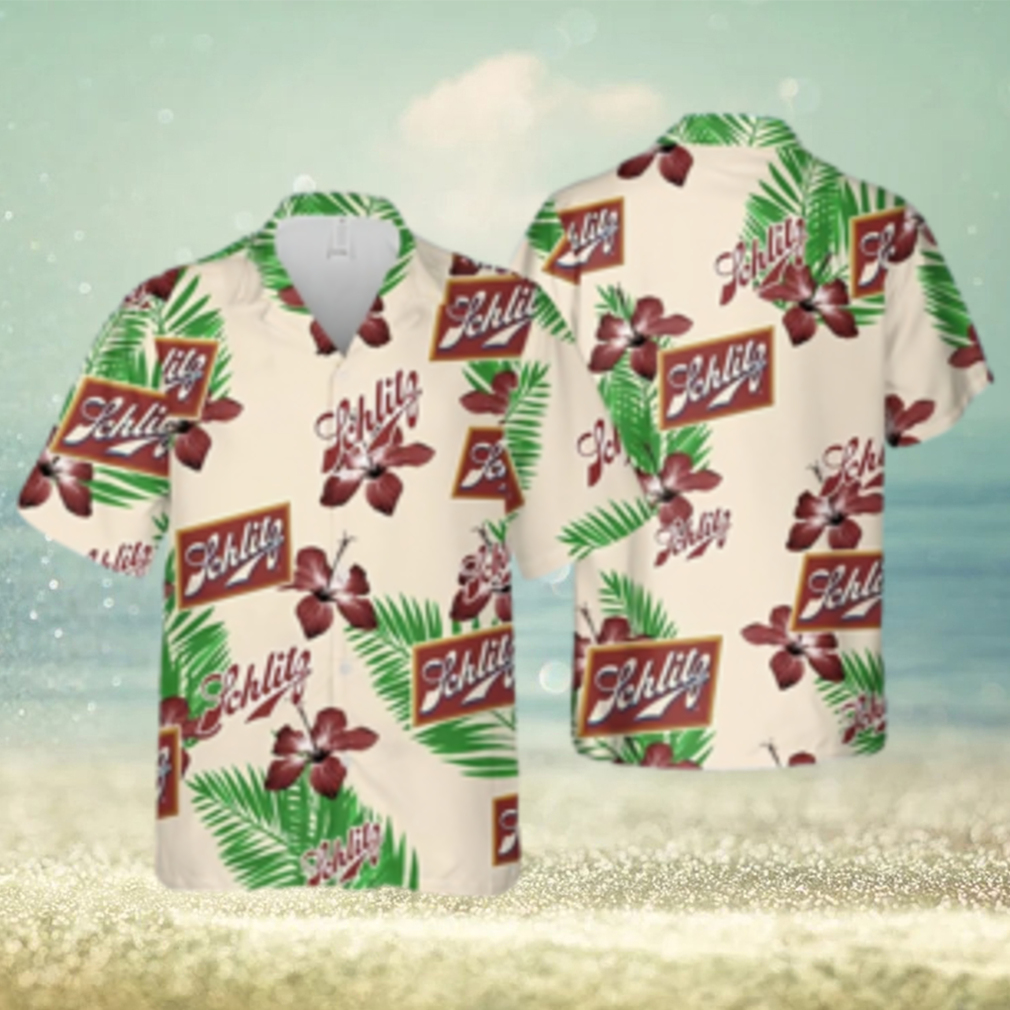 Beige Schlitz Beer Hawaiian Shirt Hibiscus Flower Palm Leaves Pattern - Limotees