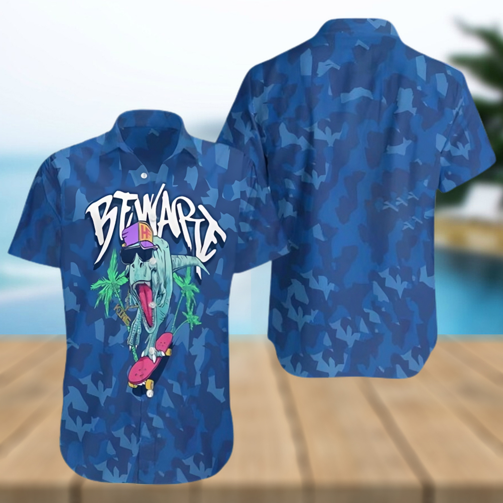 Beware T Rex Skating Dinosaur Hawaiian Shirt - Limotees