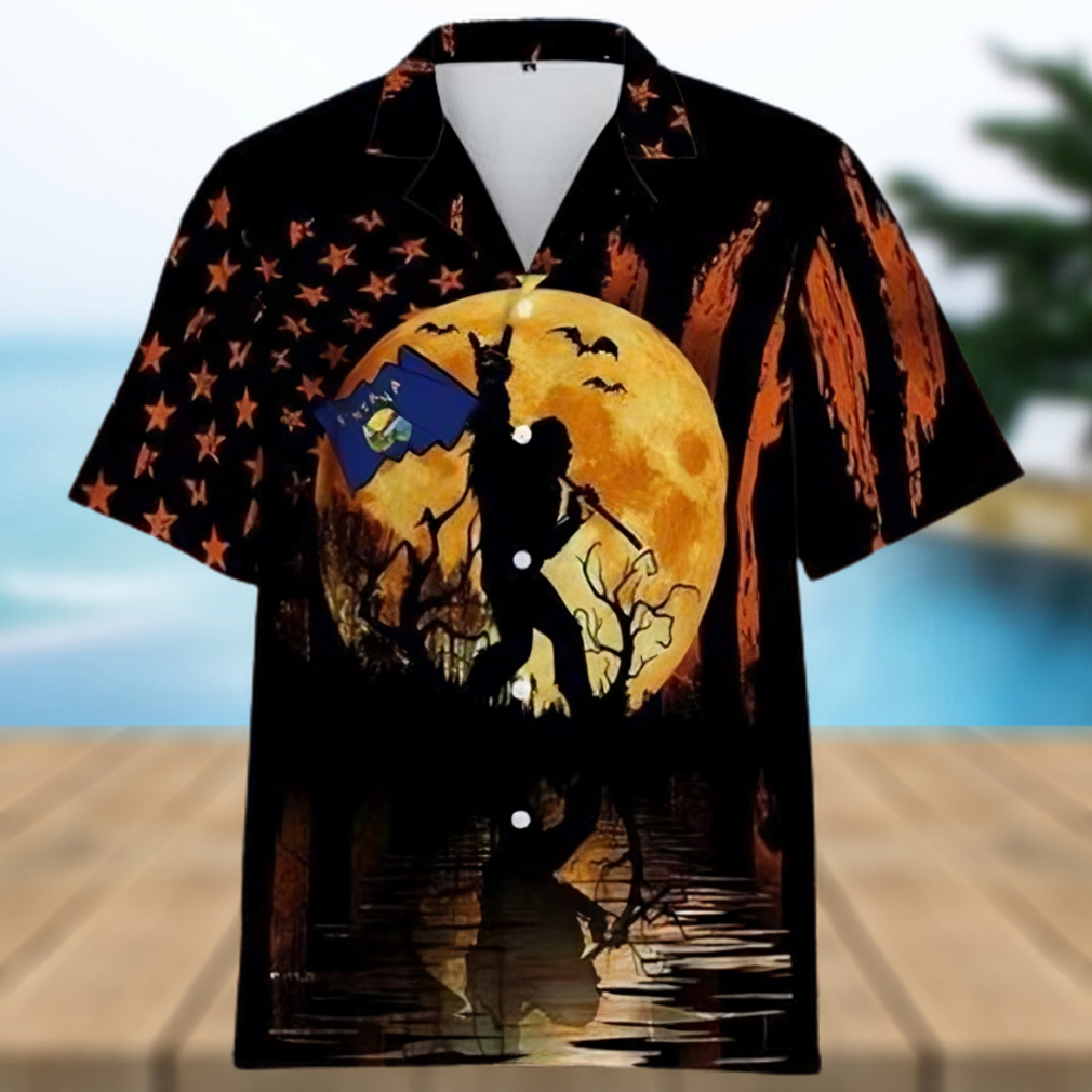 Bigfoot With Montana Flag Halloween Hawaiian Shirt - Limotees