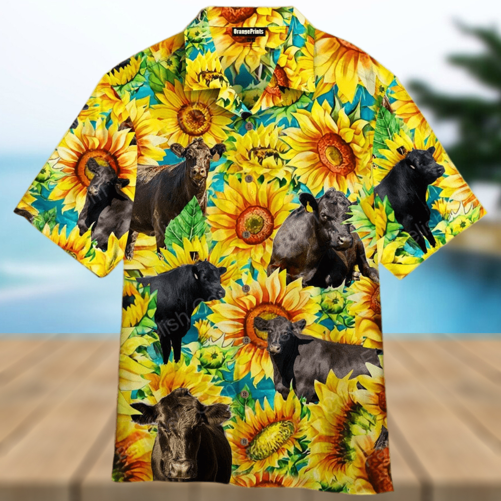 Black Angus Cattle Lovers Sunflower Watercolor Aloha Hawaiian Shirts - Limotees