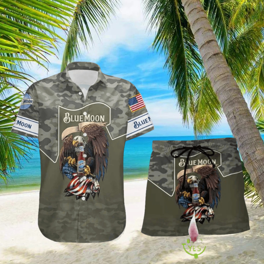 Blue Moon BeerGreen Camo Eagle USA Flag Hawaiian Combo Shirt And Short Gift Hawaiian For Mens - Limotees