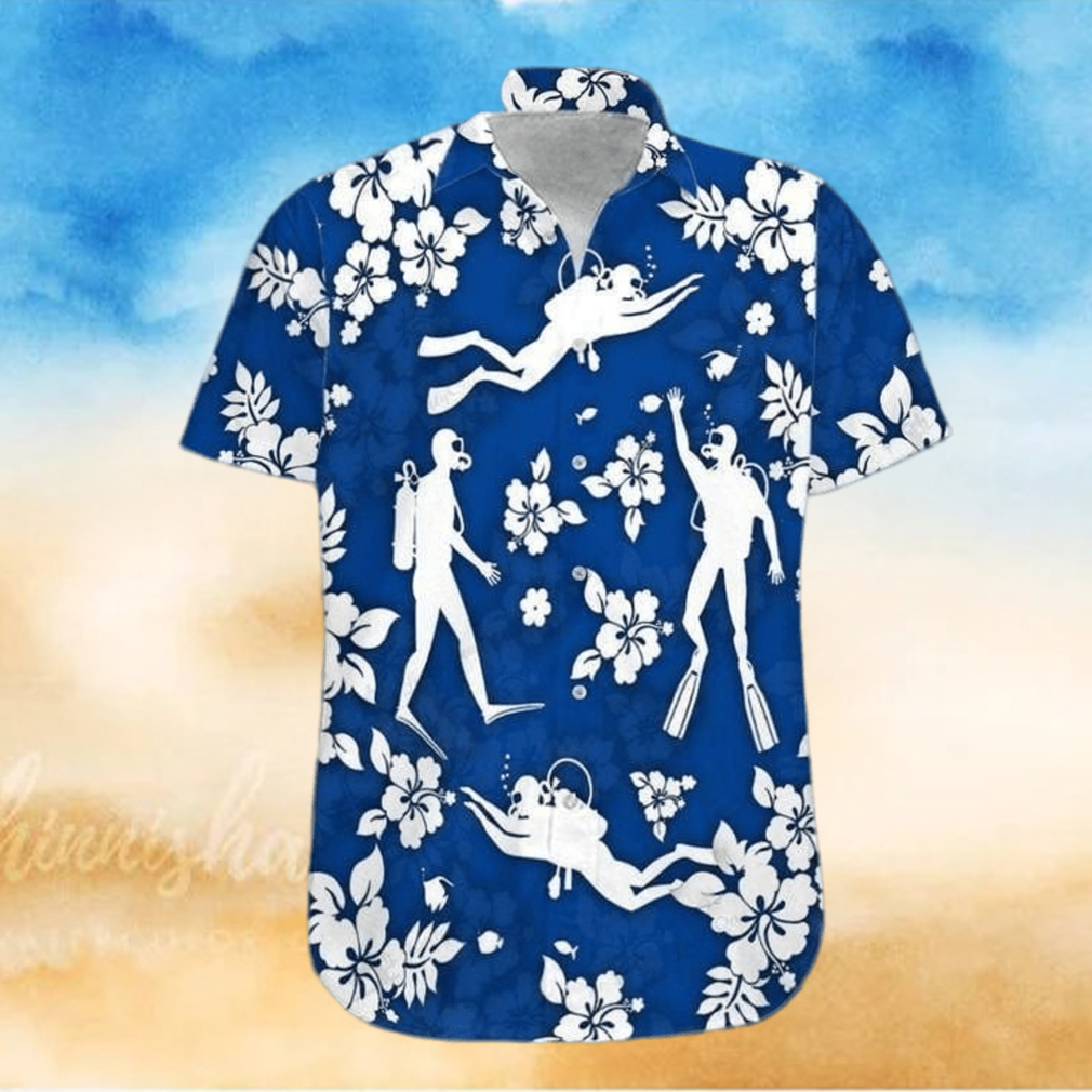 Blue Scuba Diving Hibiscus Unisex Hawaiian Shirts - Limotees