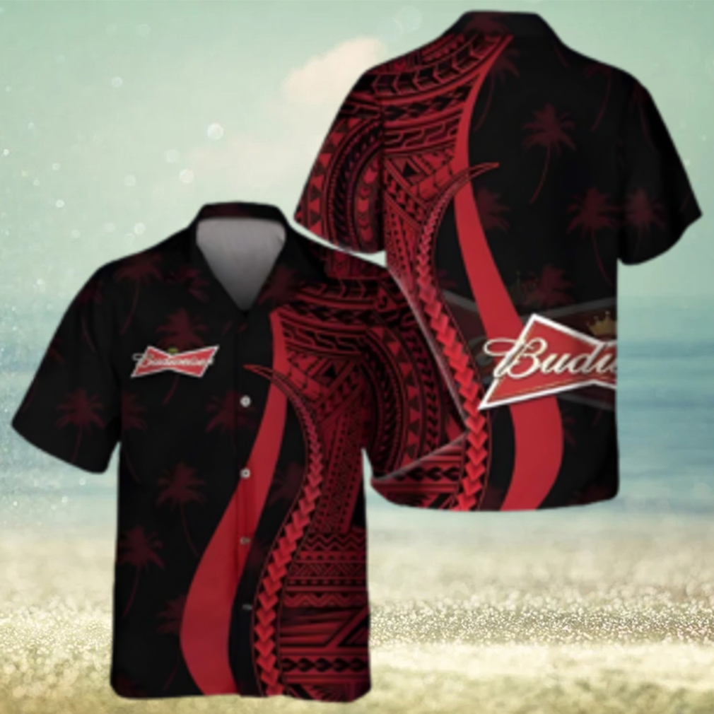 Budweiser Beer Hawaiian Shirt Red Polynesian Tropical Coconut Tree Pattern - Limotees