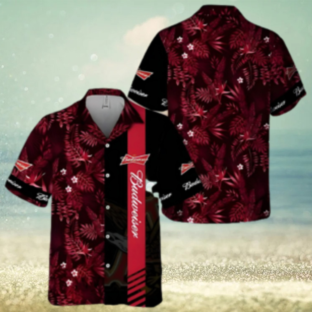 Budweiser Beer Hawaiian Shirt Red Tropical Foliage On Dark Theme - Limotees