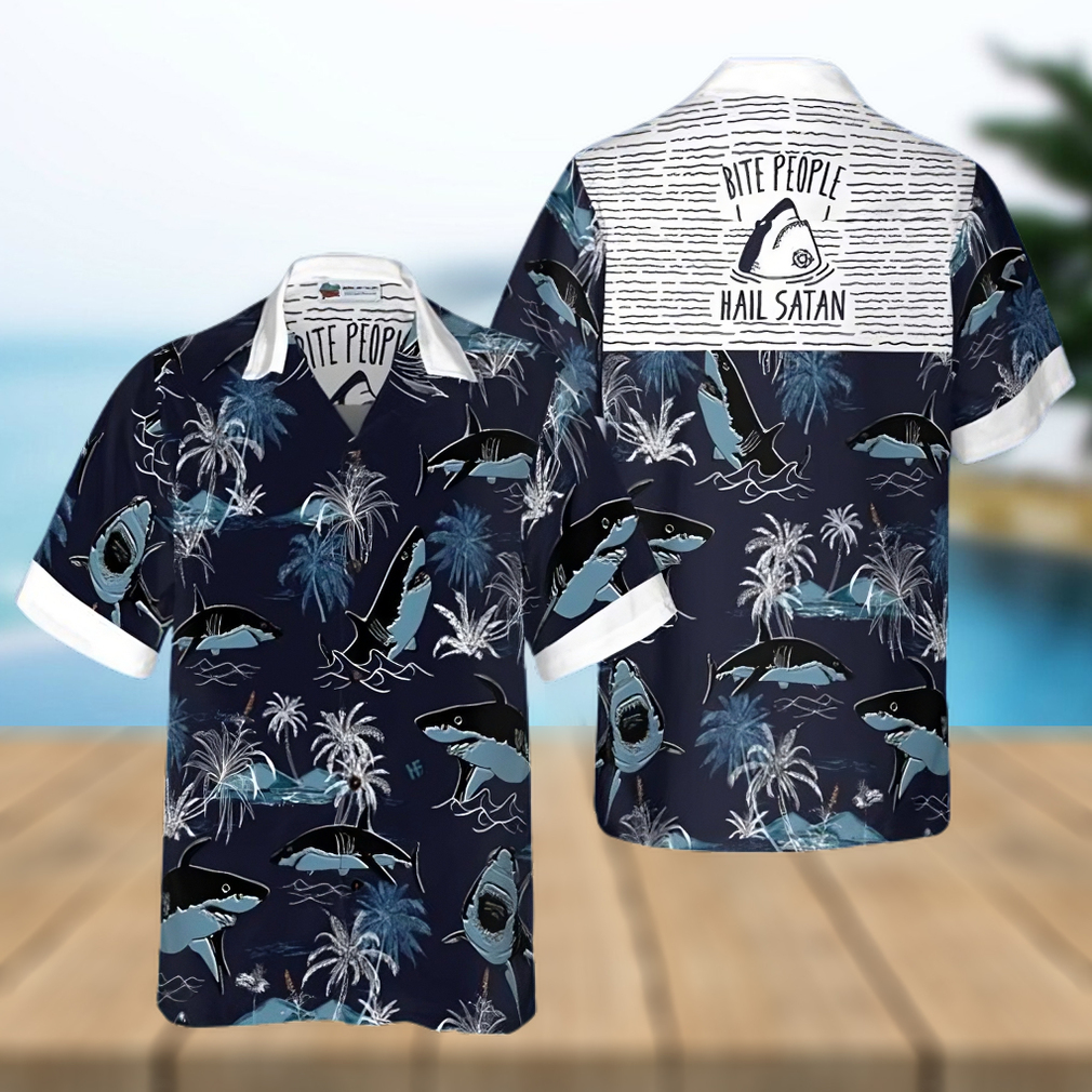 Bite People Hail Satan Shark Hawaiian Shirt - Limotees