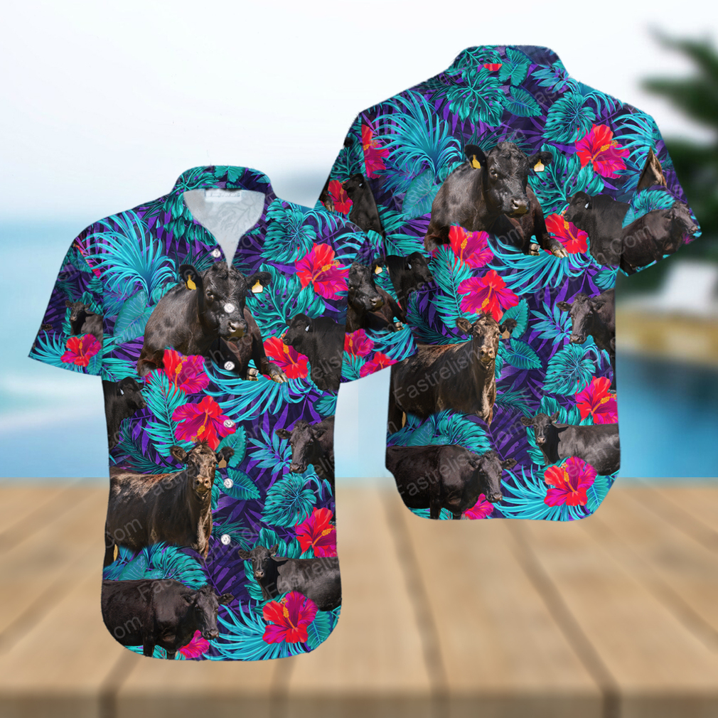 Black Angus Blue Neon Tropical Cattle Lovers Hawaiian Shirt - Limotees