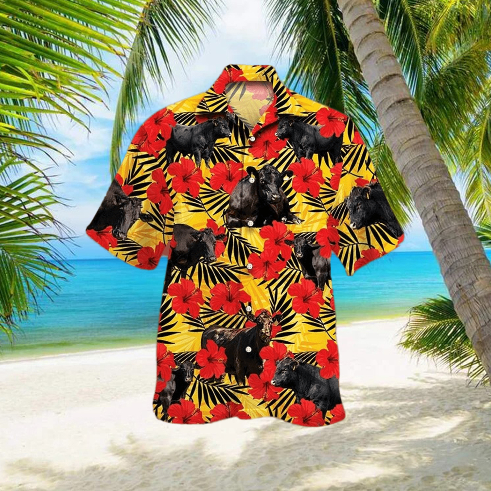 Black Angus Cattle Lovers Hibiscus Flower 3D Hawaiian Shirt - Limotees