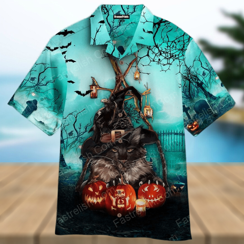 Black Cat And Pumkin Happy Halloween Aloha Hawaiian Shirt - Limotees