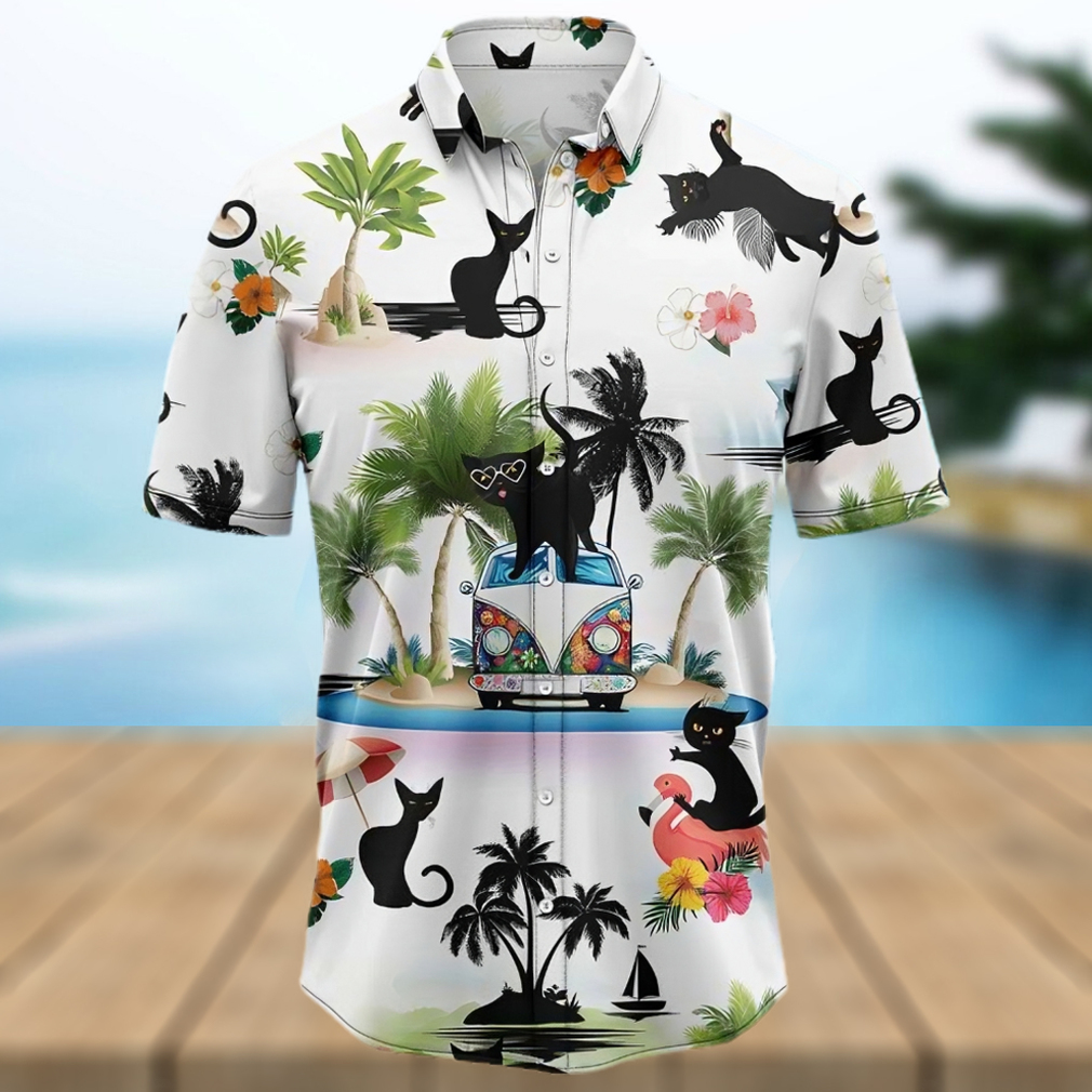 Black Cat On Summer Beach Palm Tree Aloha Hawaiian Shirt - Limotees