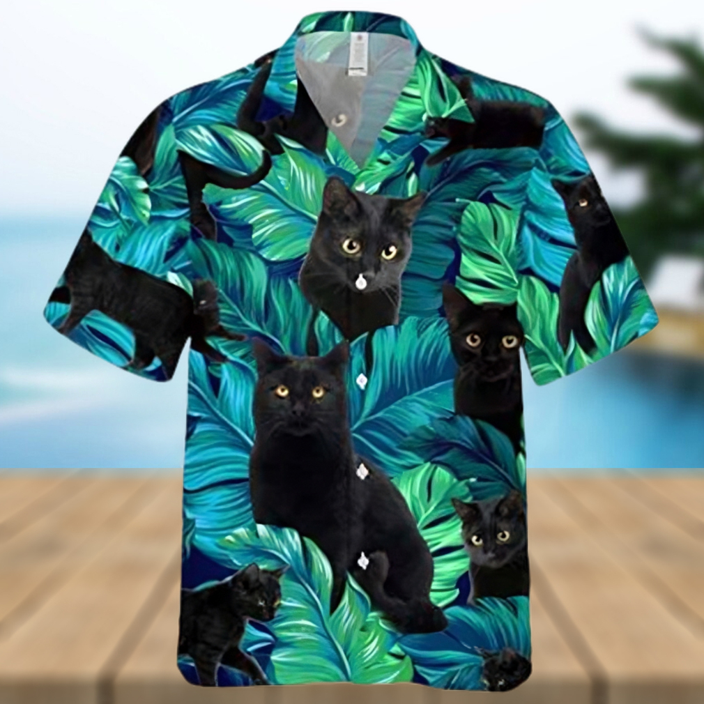 Black Cat On Summer Palm Tree Aloha Hawaiian Shirt - Limotees