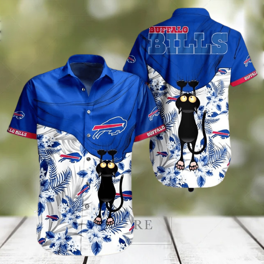 Black Cat Tropical Flowers Buffalo Bills Hawaiian Shirt - Limotees