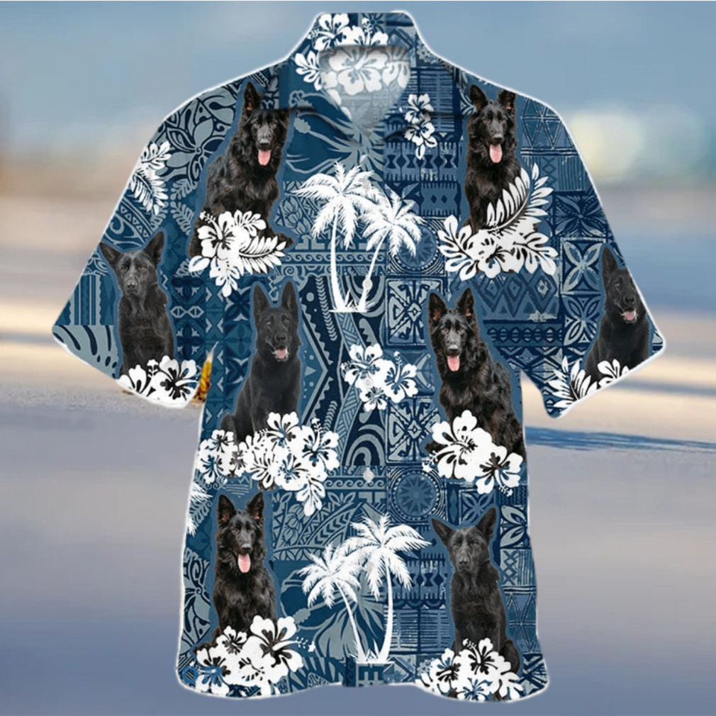 Black German Shepherd In Tropical Plants Pattern Blue And White Hawaiian Shirt - Limotees