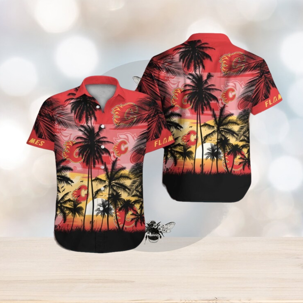 Calgary Flames Short Sleeve Button Up Tropical Shirt Hawaiian Shirt - Limotees