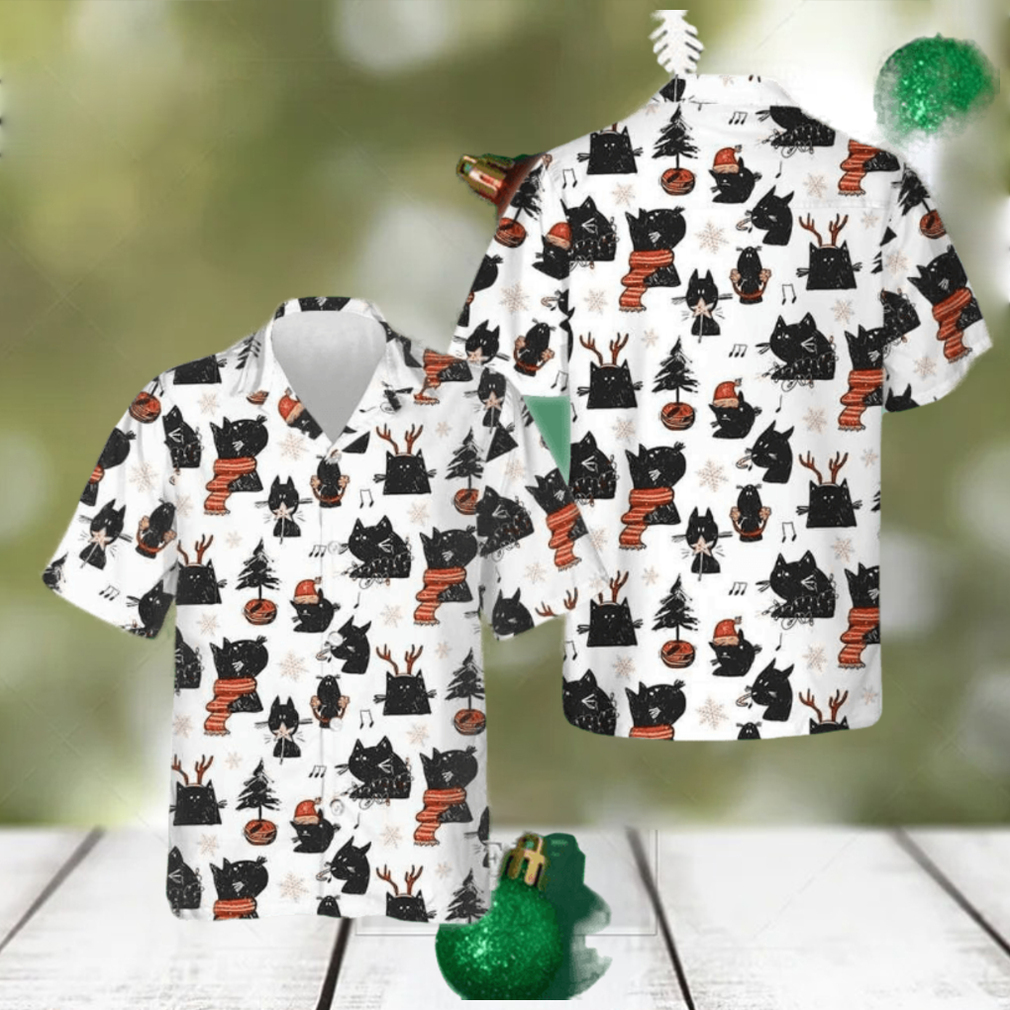 Cartoon Black Cat Merry Christmas Hawaiian Shirt Funny Xmas Cat Shirt Gifts For Cousin - Limotees