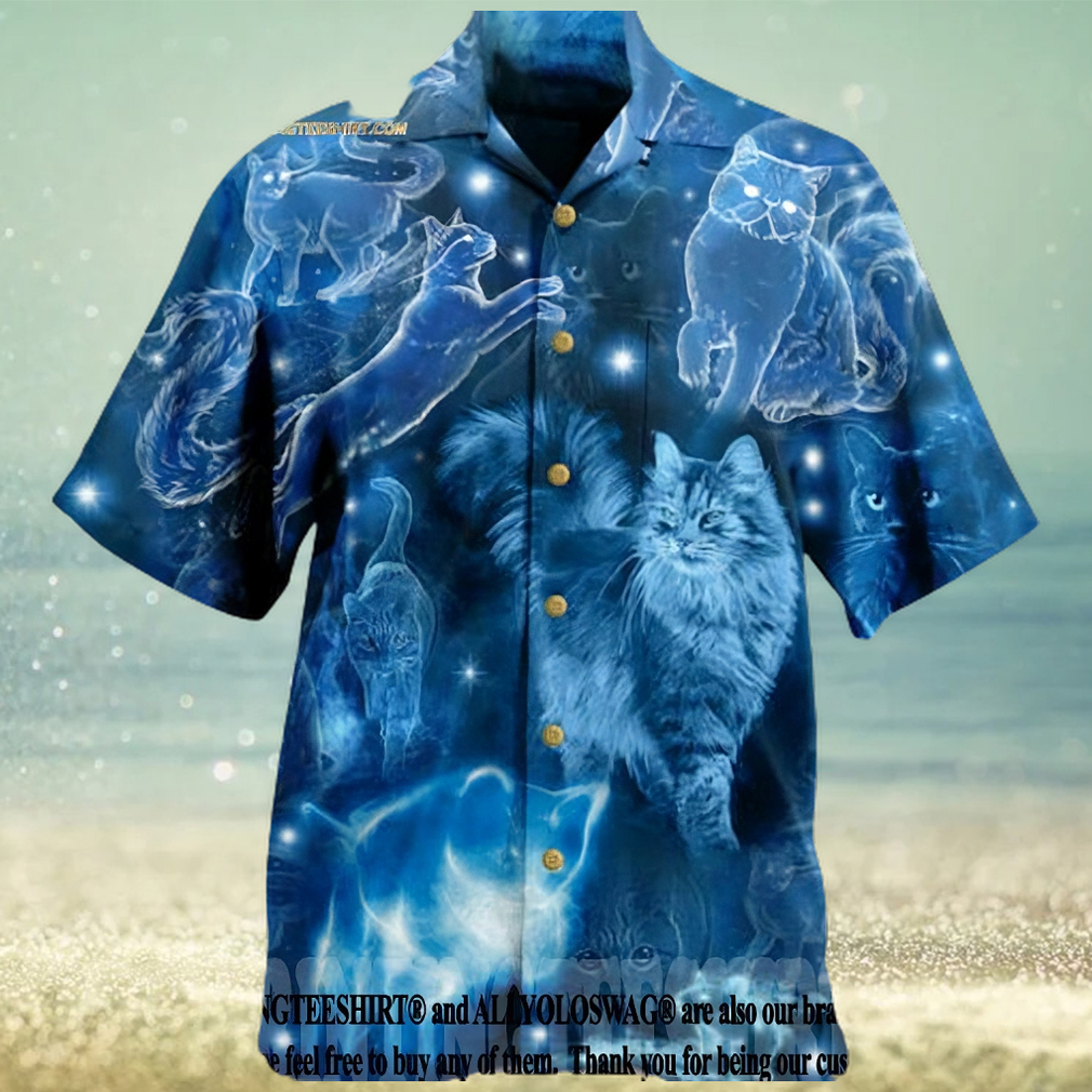 Cats Love Blue Neon Vintage Beach Button Down Full Printed Hawaiian Shi - Limotees