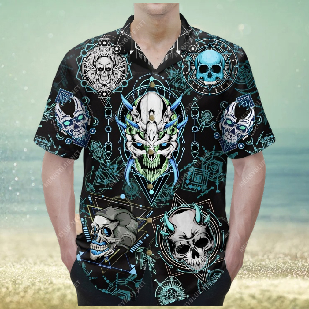 blue geometric skull unisex hawaiian shirt - Limotees