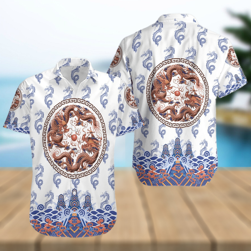 Chinoiserie Dragon White Hawaiian Shirt - Limotees