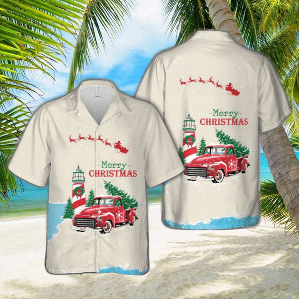 Christmas Vintage Red Truck with Lighthouse, and Pine tree Hawaiian Shirt - Limotees