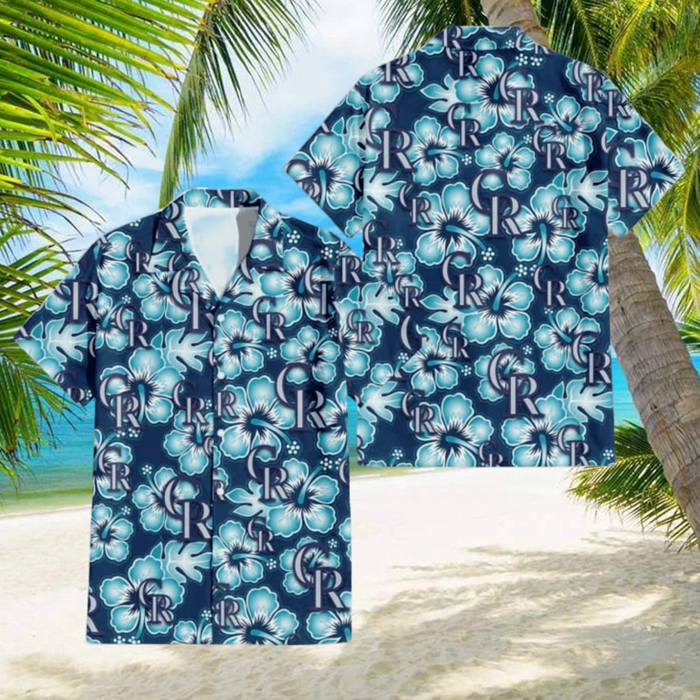 Colorado Rockies Dark Turquoise Hibiscus Navy Background 3D Hawaiian Shirt - Limotees