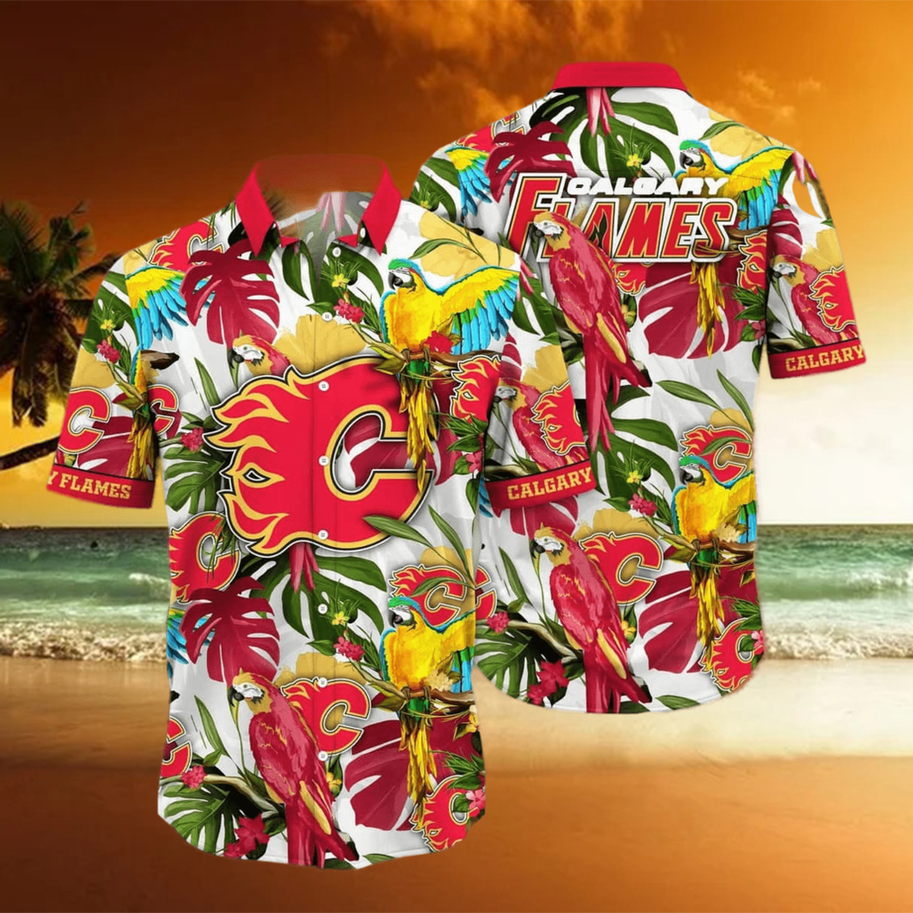 Colorful Aloha NHL Calgary Flames Hawaiian Shirt Birds And Palm Leaves Beach Lovers Gift hawaiian shirt - Limotees