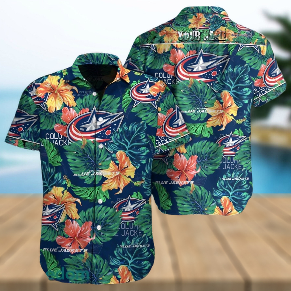 Columbus Blue Jackets NHL Custom Name Flower And Leaf Pattern Tropical Hawaiian Shirt - Limotees