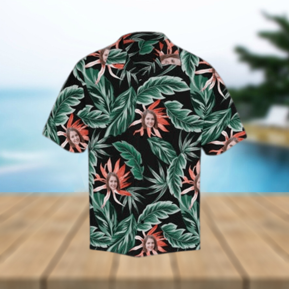 Custom Face Red Flowers Green Leaves Men s All Over Print Hawaiian Shirt - Limotees