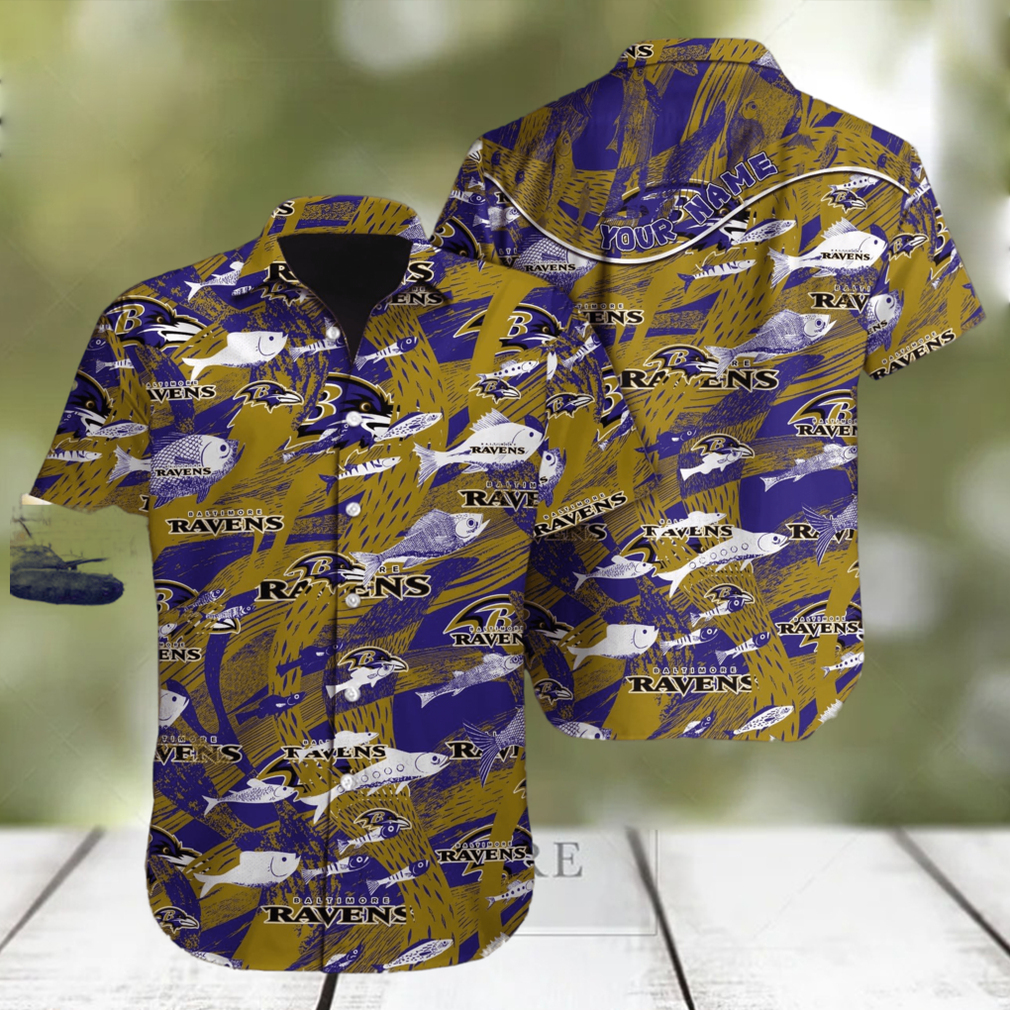 Custom Name Baltimore Ravens NFL Fish AOP Pattern Hawaiian Shirt For Men And Women - Limotees