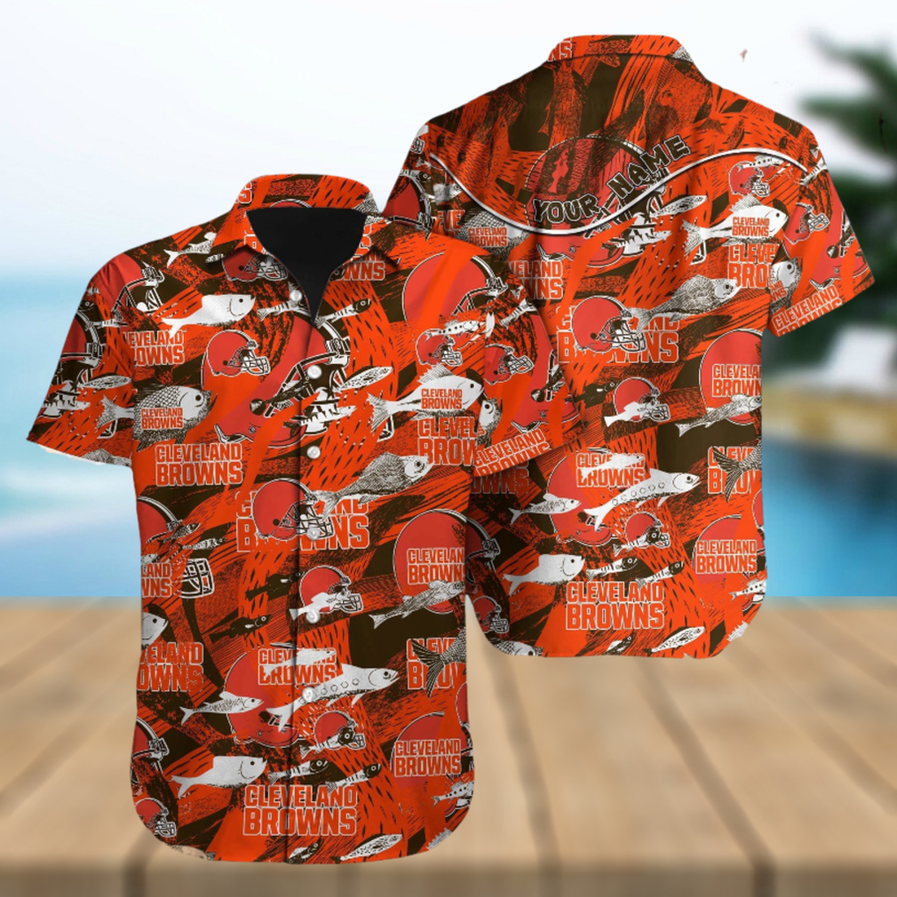 Custom Name Cleveland Browns NFL Fish AOP Pattern Hawaiian Shirt For Men And Women - Limotees