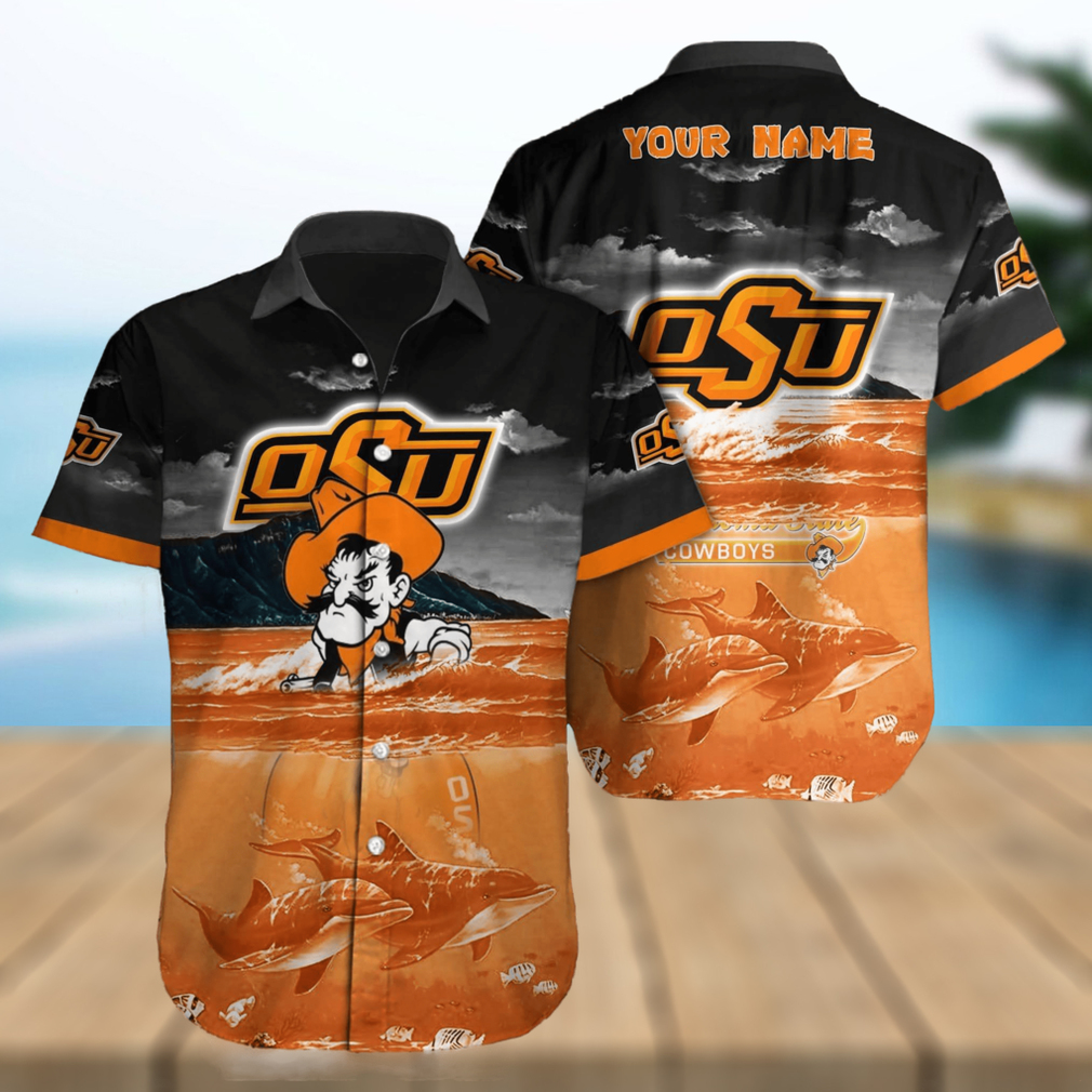 Custom Name Oklahoma State Cowboys NCAA Logo Dolphin Beach Funny Hawaiian Shirt - Limotees