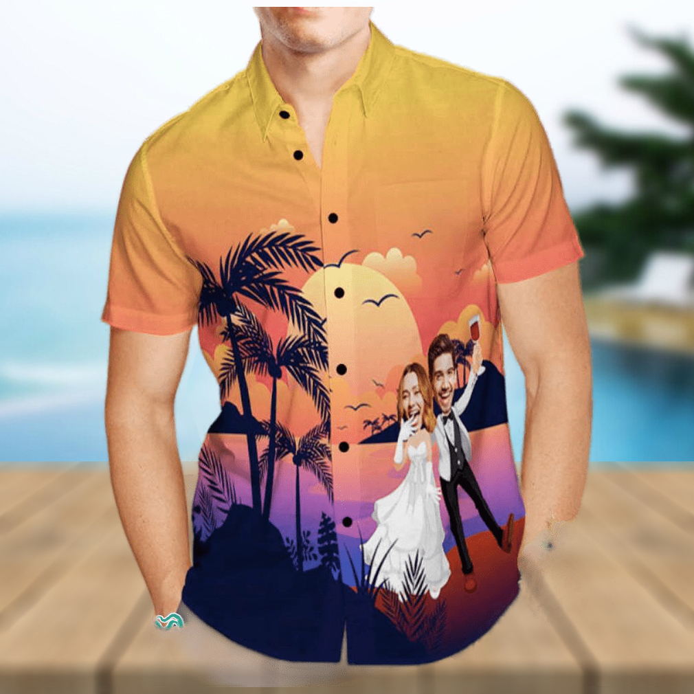 Custom Photo Trendy Aloha Hawaiian Shirt Personalized Sunset And Coconut Grove Wedding Trendy Aloha Hawaiian Shirt Group Wedding Uniforms - Limotees