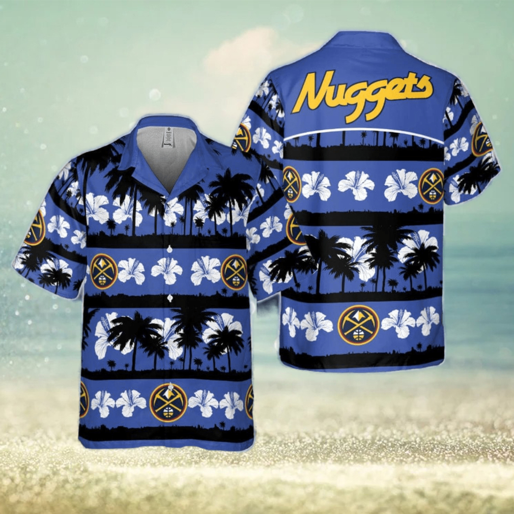 Denver Nuggets White Hibiscus Flower On Blue Background Print Hawaiian Shirt - Limotees