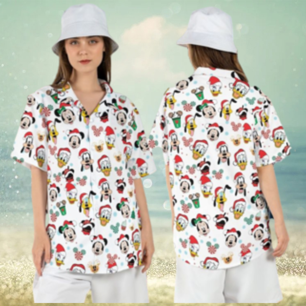 Disney Christmas Hawaiian Shirts Mickey Friends Button Family Vacation Disneyland - Limotees