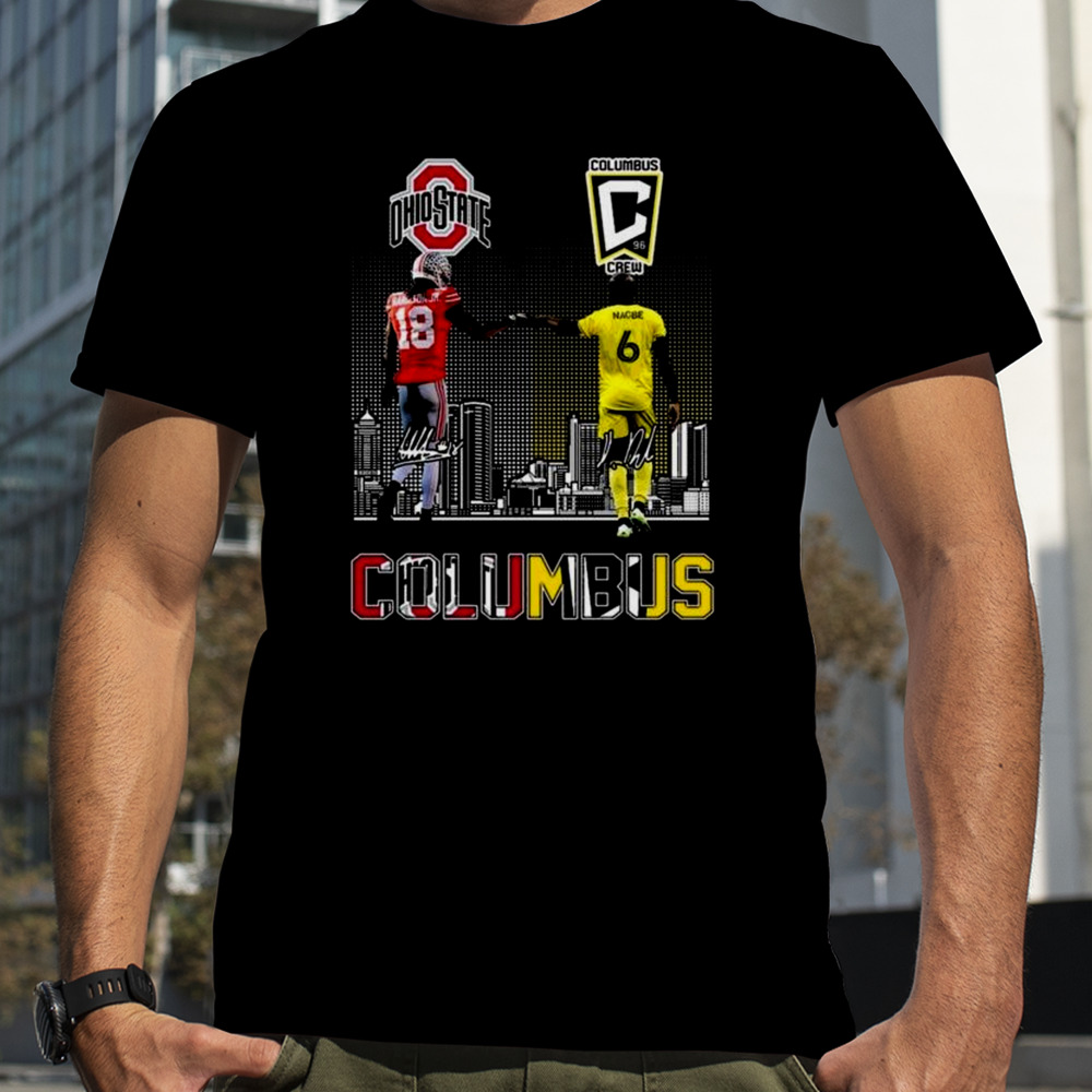 Marvin Harrison Jr and Darlington Nagbe Ohio State Buckeyes vs Columbus Crew Skyline 2023 Signatures T-Shirt