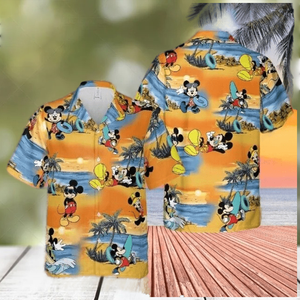 disney summer hawaiian tshirt button down shirt mickey mouse on the beach - Limotees