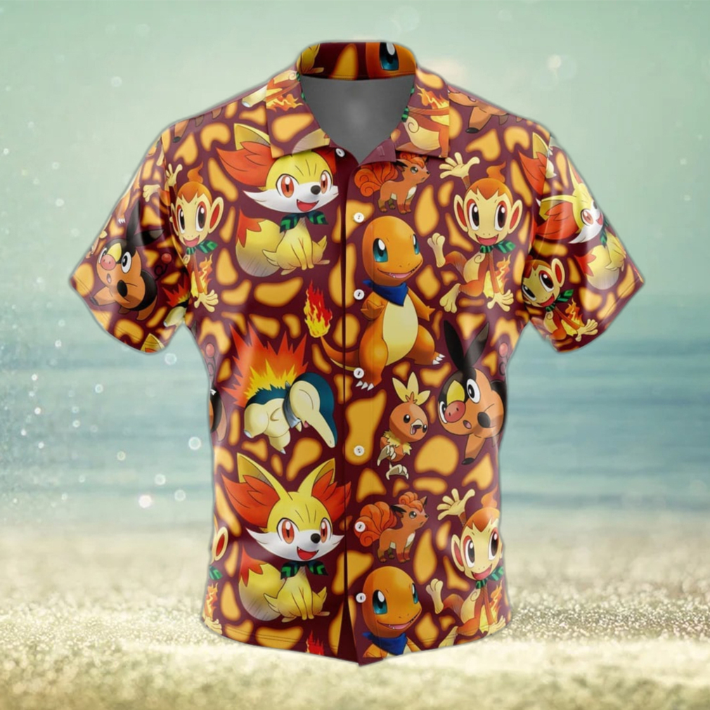 Fire Type Starters Pokemon Button Up Hawaiian Shirt - Limotees