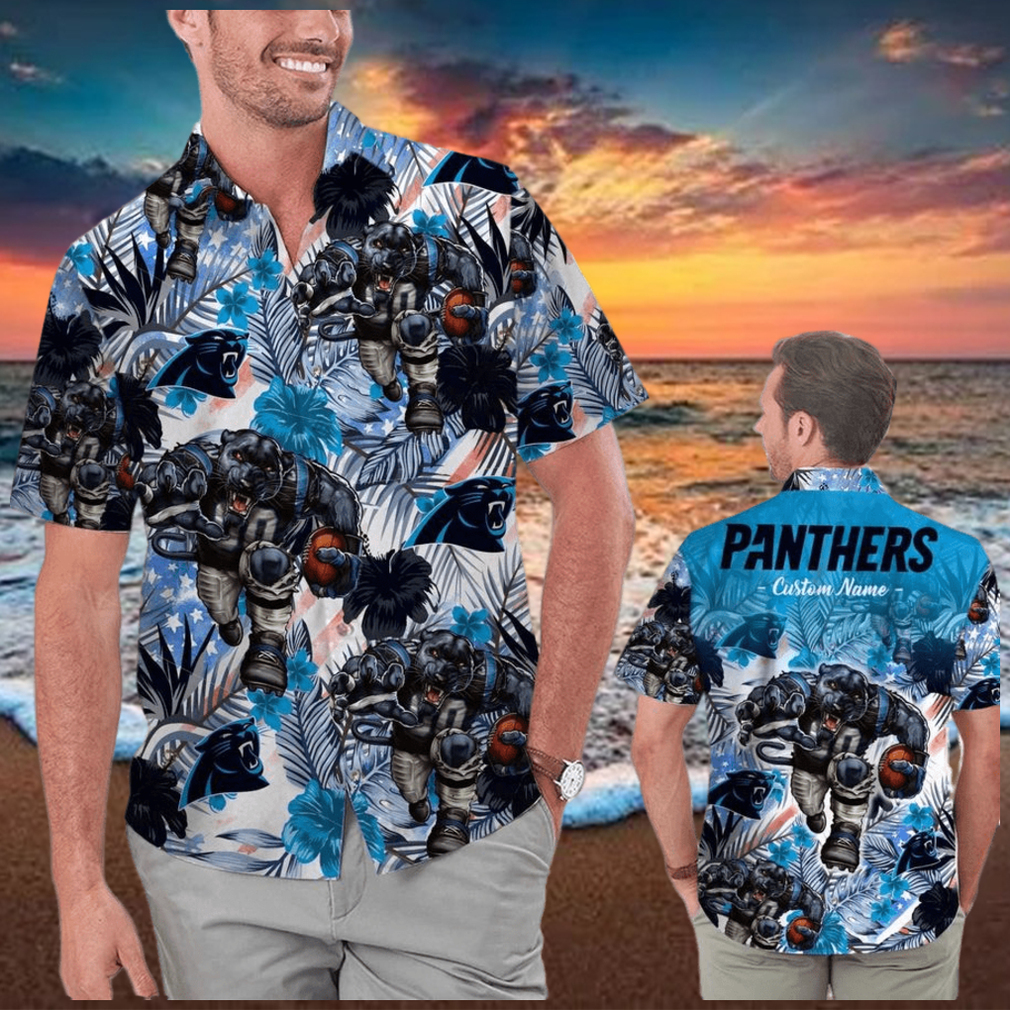 Funny Carolina Panthers Tropical Floral America Flag Custom Name Personalized Men Women Aloha Hawaiian Shirt Short For Football Lovers - Limotees