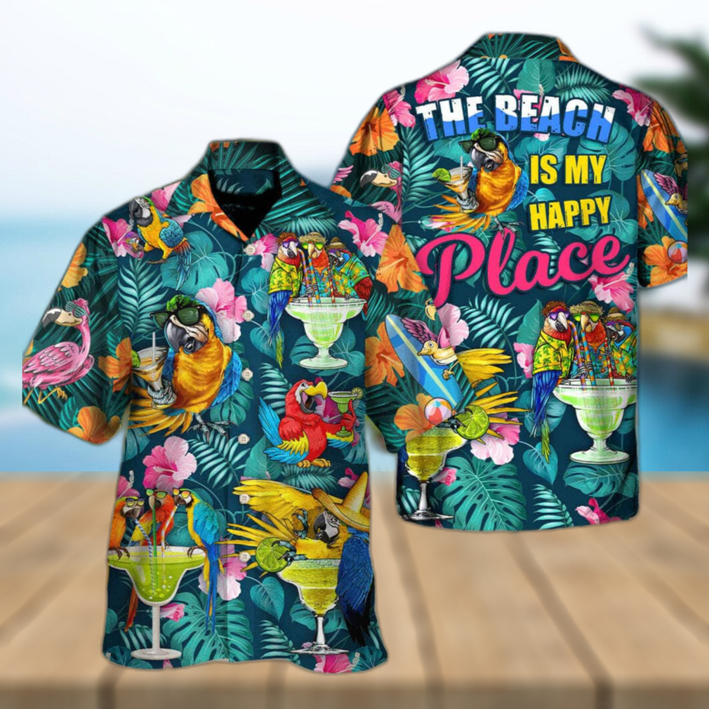 Funny Parrot Drinking Cocktails The Beach Is My Happy Place Palm Leaves Pattern Hawaiian Shirt - Limotees