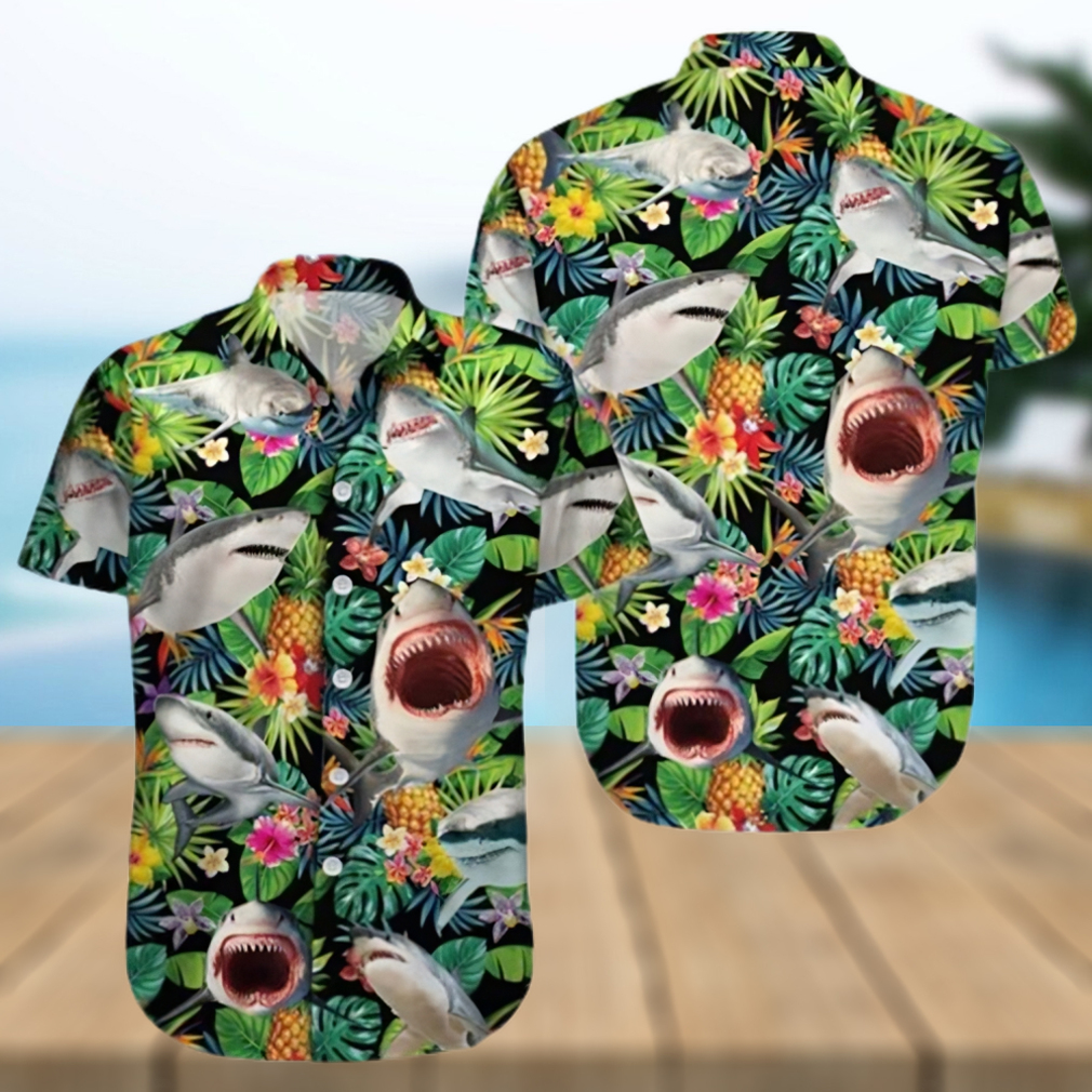 Funny Shark Pineapple Tropical Hawaiian Shirt Sharks Summer Aloha Hawaii Blue - Limotees