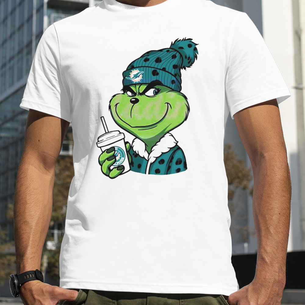 Grinch Drink Coffee Leopard Miami Dolphins Logo T-shirt