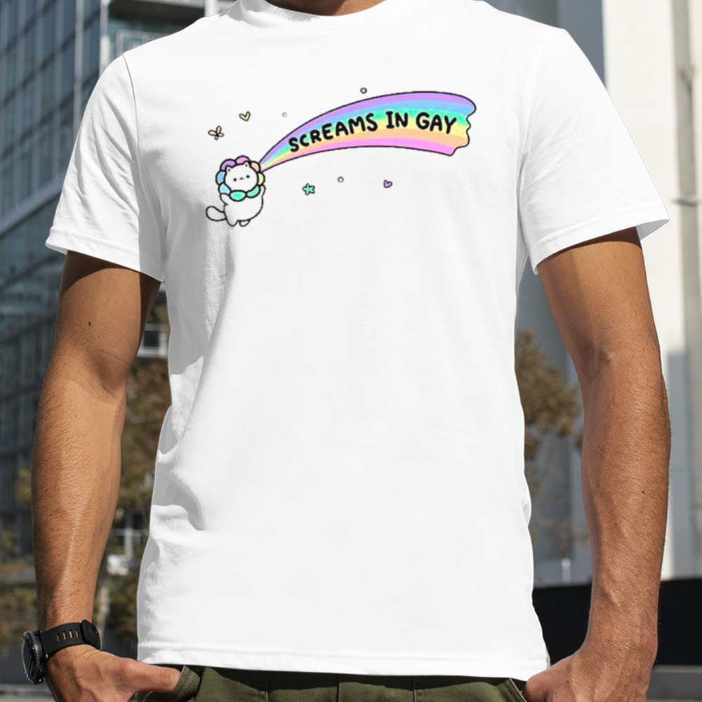 Cat screams in gay shirt