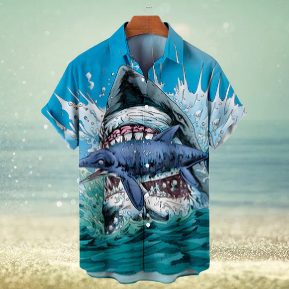 Hawaiian Great White Shark Pattern Men's Short Sleeve Tops - Limotees