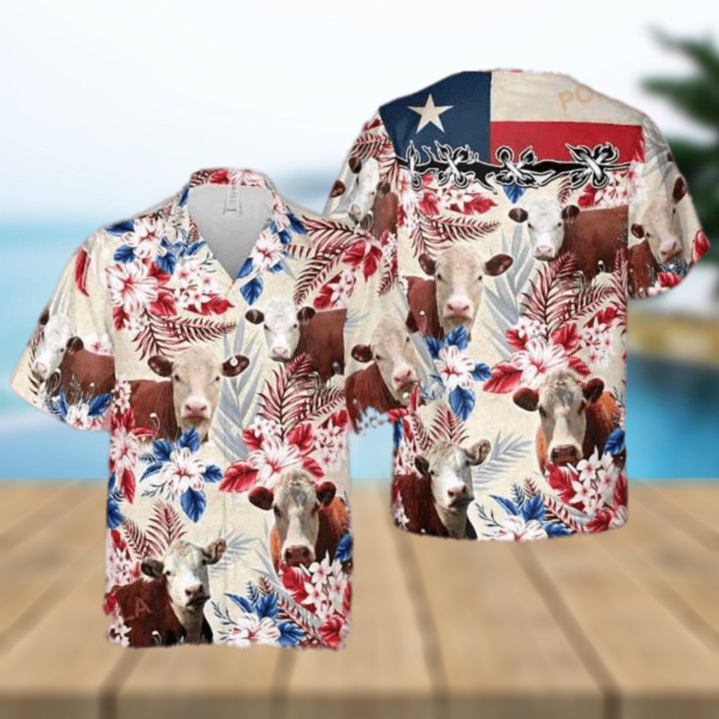 Hereford Cattle Texas Flag 3D Funny Hawaiian Shirt - Limotees