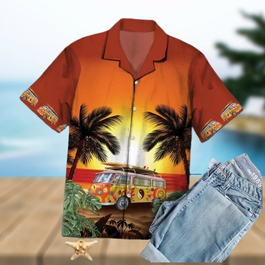 Hippie Bus Under Sunset Palm Tree Beach Themed Pattern Hawaiian Shirt - Limotees