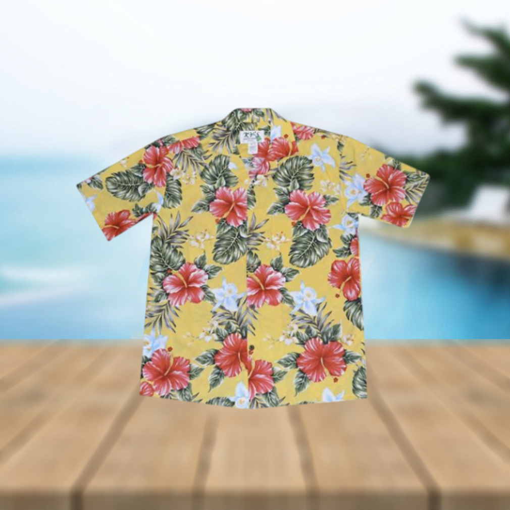 Kahala Hibiscus Yellow Cotton Poplin Men's Hawaiian Shirt - Limotees