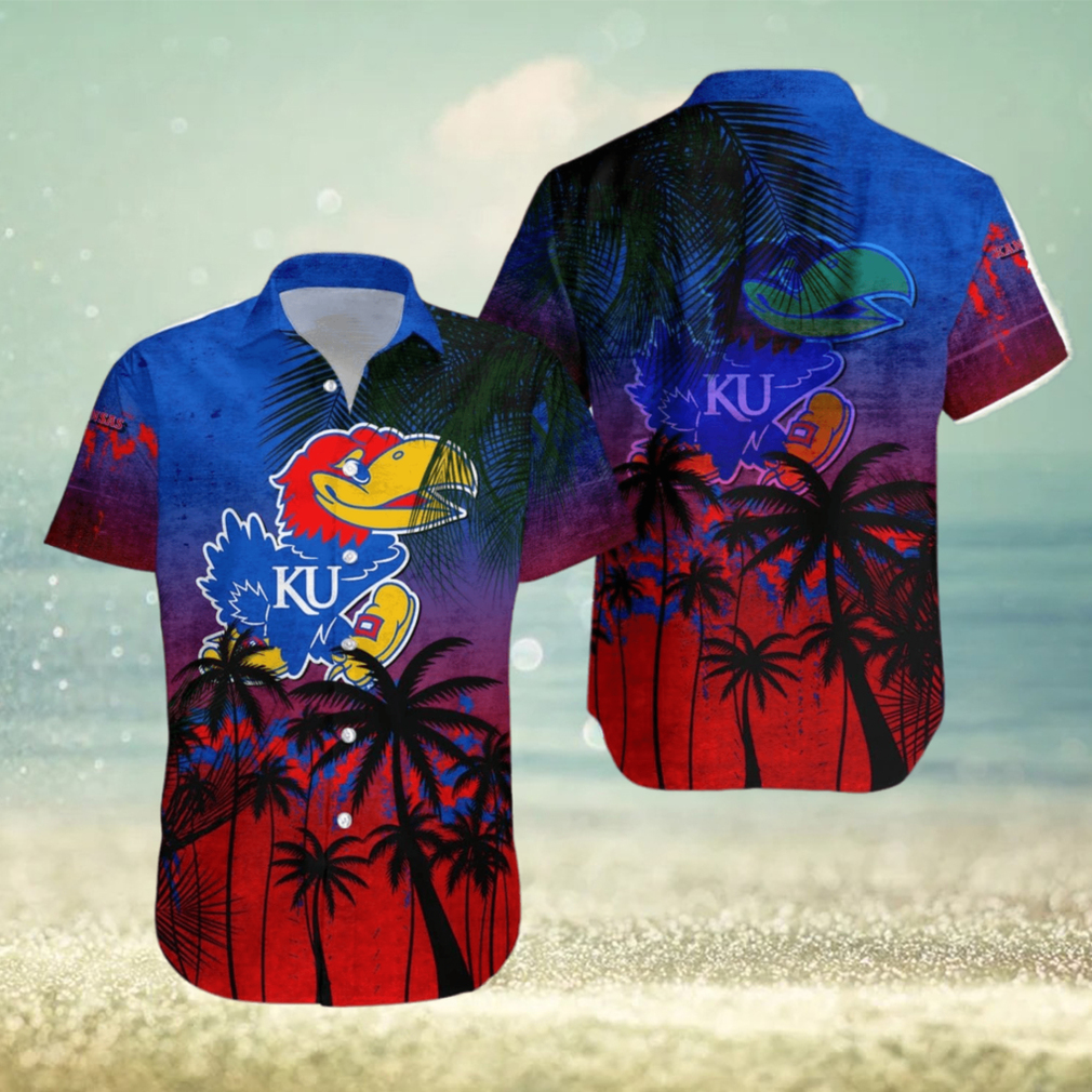 Kansas Jayhawks Hawaiian Shirt Summer Gift Coconut Tree Tropical Grunge Pattern For NCAA Fans - Limotees