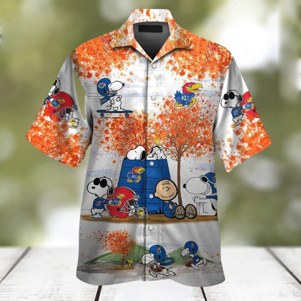 Kansas Jayhawks Snoopy Autumn Short Sleeve Button Up Tropical Hawaiian Shirt - Limotees